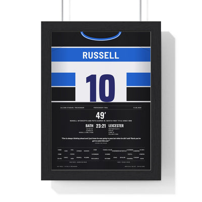 Bath Rugby Premiership Final 2025 Poster - Finn Russell 10 Twickenham Treble Print framed in a black frame, ready to hang