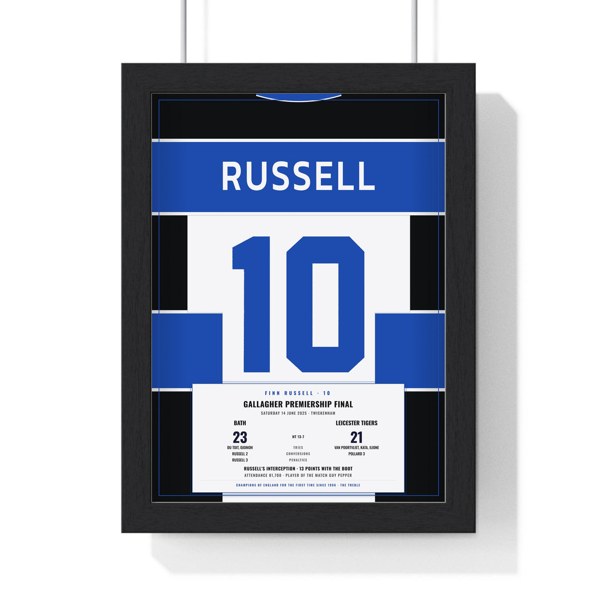 Bath Rugby Premiership Final 2025 print - Russell 10 framed in a black frame, ready to hang