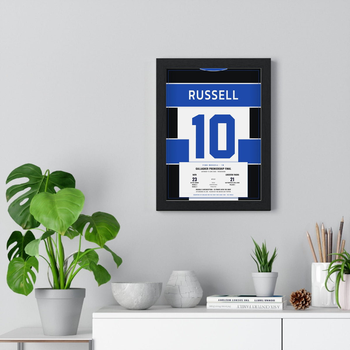 Bath Rugby Premiership Final 2025 print - Russell 10 framed on a living room wall