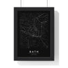 Bath street map poster in black, minimal city map print framed in a black frame