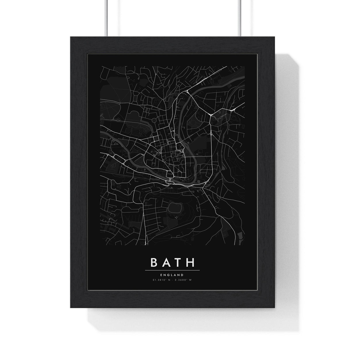 Bath street map poster in black, minimal city map print framed in a black frame