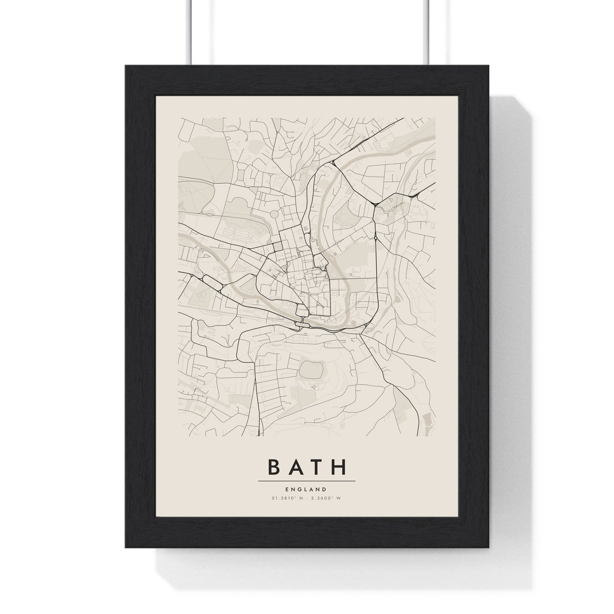 Bath street map poster in cream, minimal city map print framed in a black frame