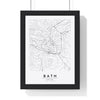 Bath street map poster in white, minimal city map print framed in a black frame