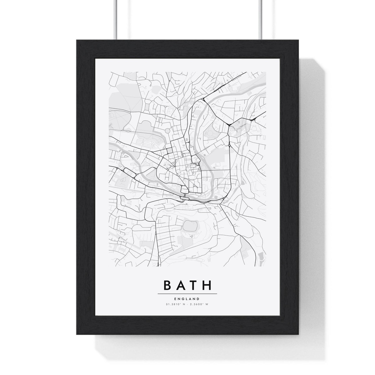 Bath street map poster in white, minimal city map print framed in a black frame