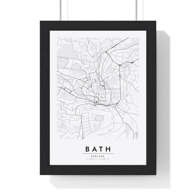 Bath street map poster in white, minimal city map print framed in a black frame