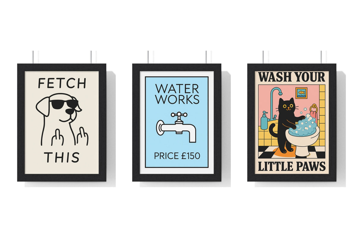 Build Your Own Bathroom Print Set - set of Fetch This Dog Poster, Blue Water Works Poster, Funny Cat Bathroom Print – Wash Your Little Paws Wall Art