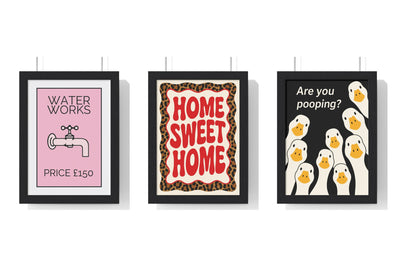 Build Your Own Bathroom Print Set - set of Pink Water Works Poster, Home Sweet Home Poster, Funny Duck Poster – Cheeky Bathroom Wall Art With Bold Toilet Humour Print