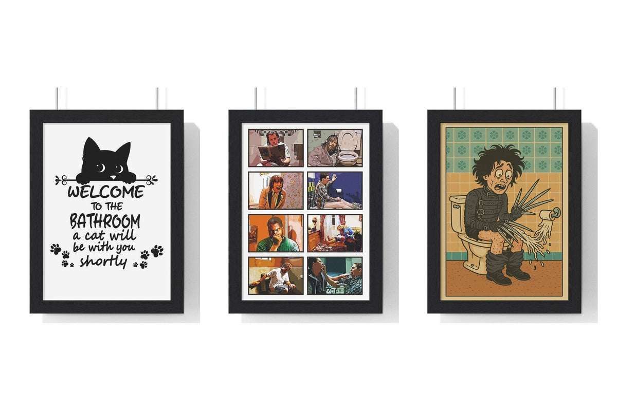 Build Your Own Bathroom Print Set - set of Funny Cat Bathroom Print – Welcome to the Bathroom Poster, Funny Bathroom Art Movie Poster – Quirky and Humorous Wall Decor, Scissorhands Parody Bathroom Poster – Funny Toilet Wall Art Print