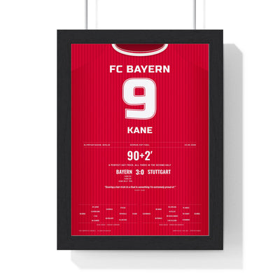 Bayern Munich DFB-Pokal Final 2026 Poster - Harry Kane 9 Hat-Trick Shirt Print framed in a black frame, ready to hang