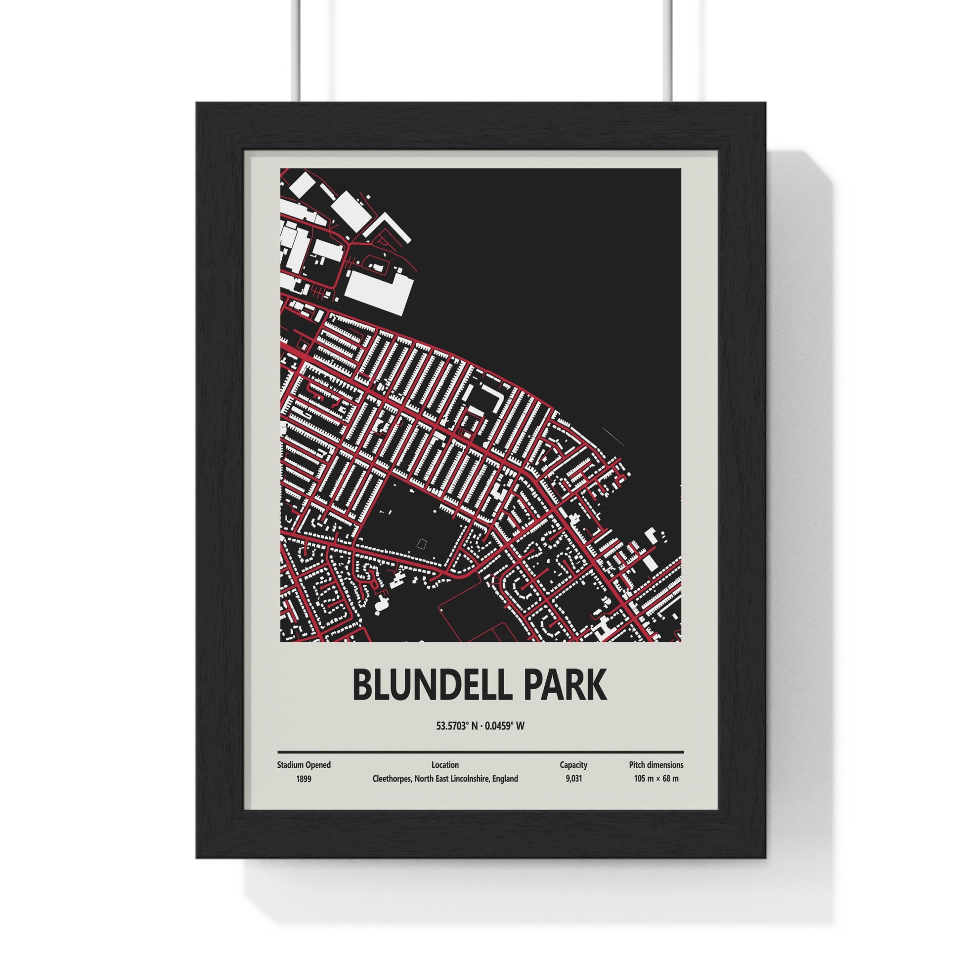 Blundell Park stadium map print showing streets around Grimsby Town football ground