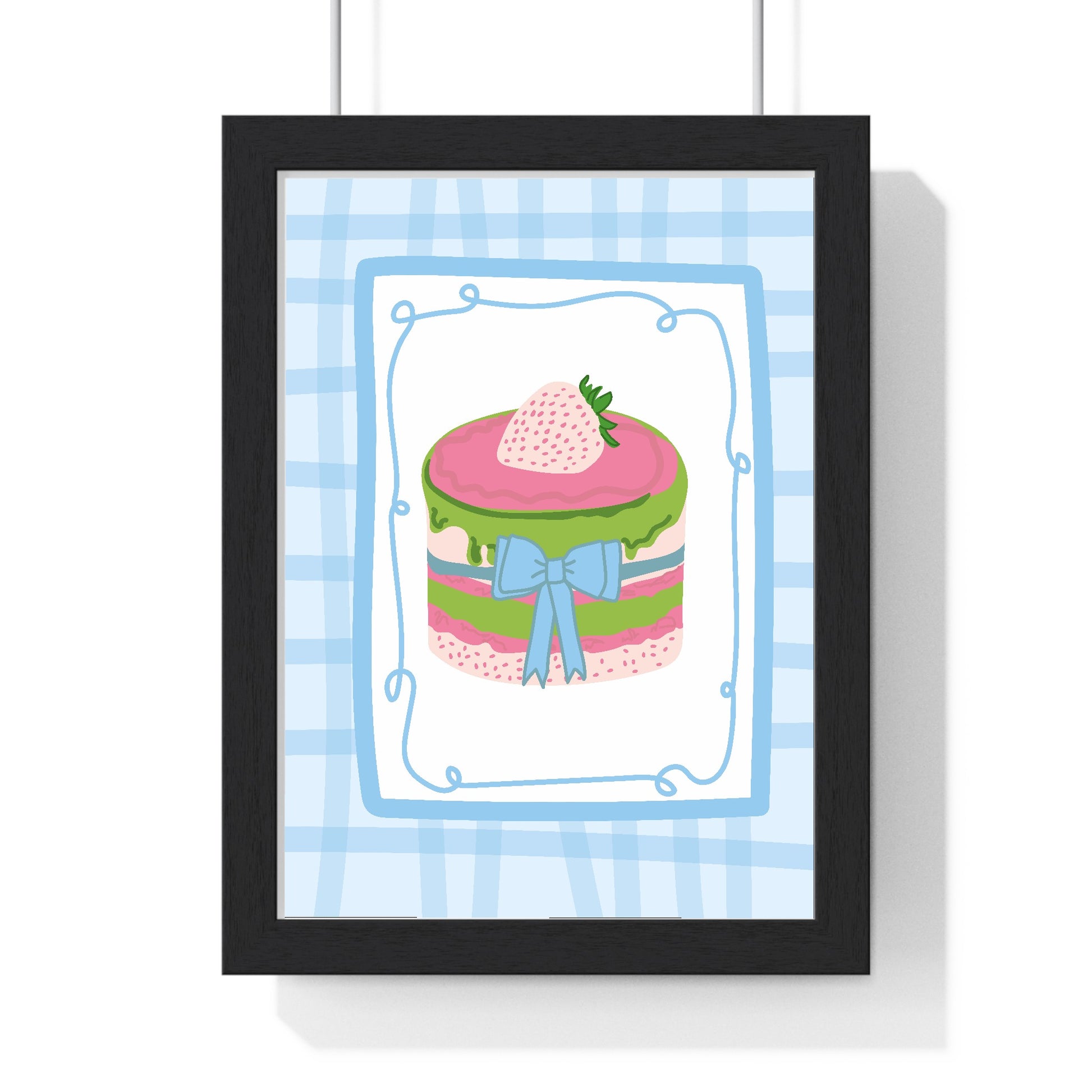Strawberry and matcha cake poster in black wood frame with white border