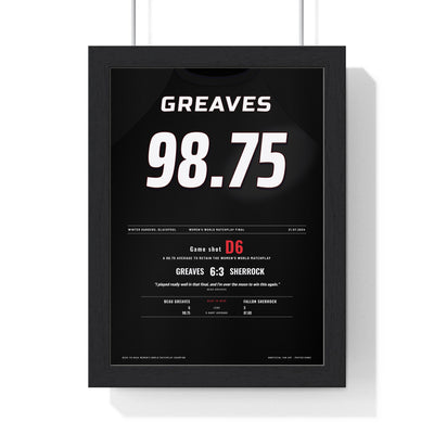 Beau Greaves Women's World Matchplay 2024 Darts Poster - 6-3 v Sherrock Shirt Print framed in a black frame, ready to hang