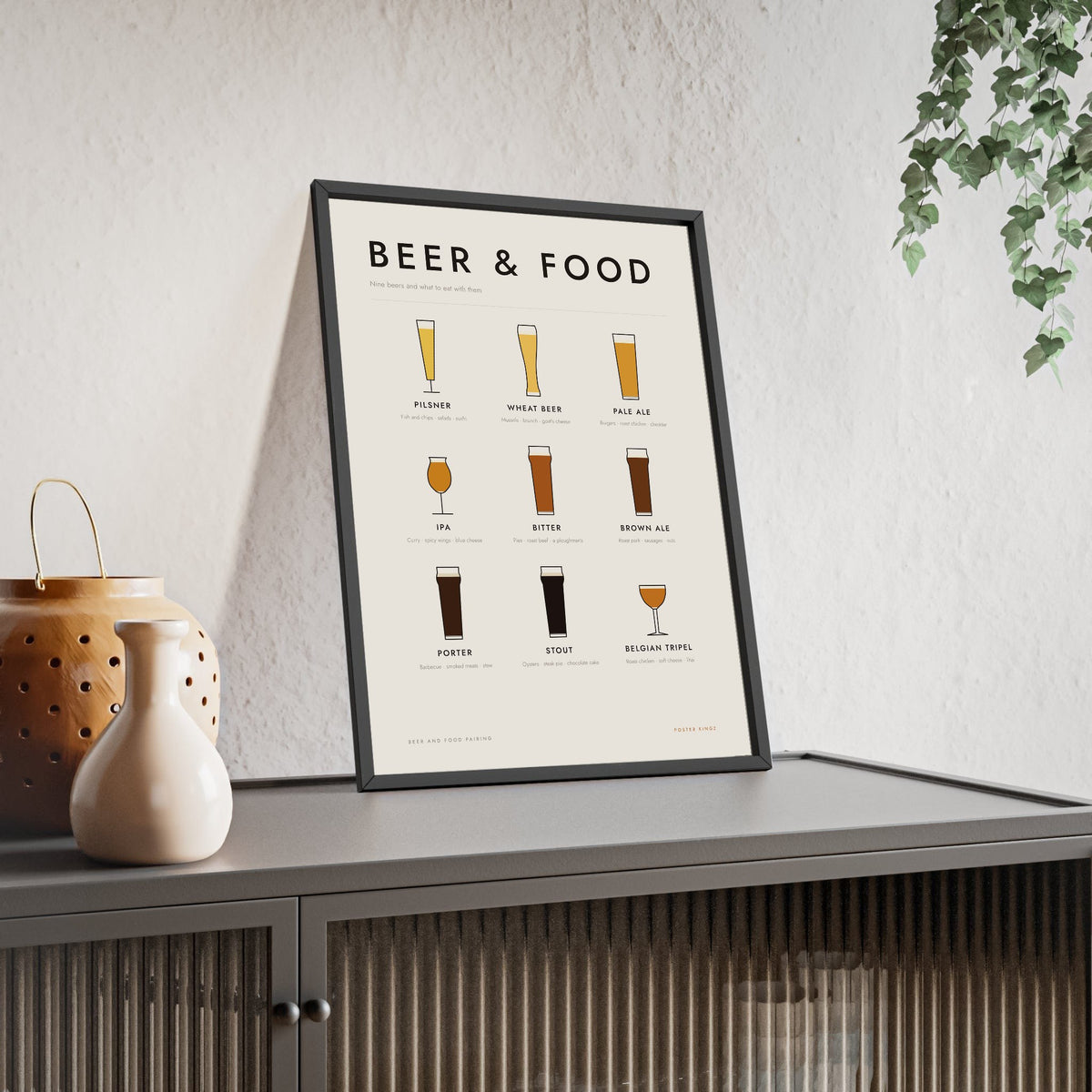 Beer And Food Pairing Chart framed and leaning on a sideboard