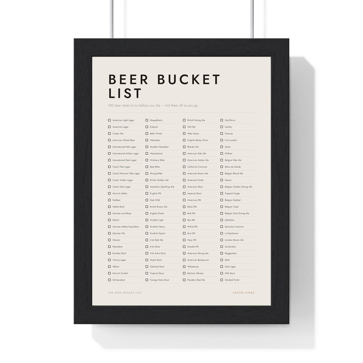 Beer Bucket List print framed in a black frame, ready to hang
