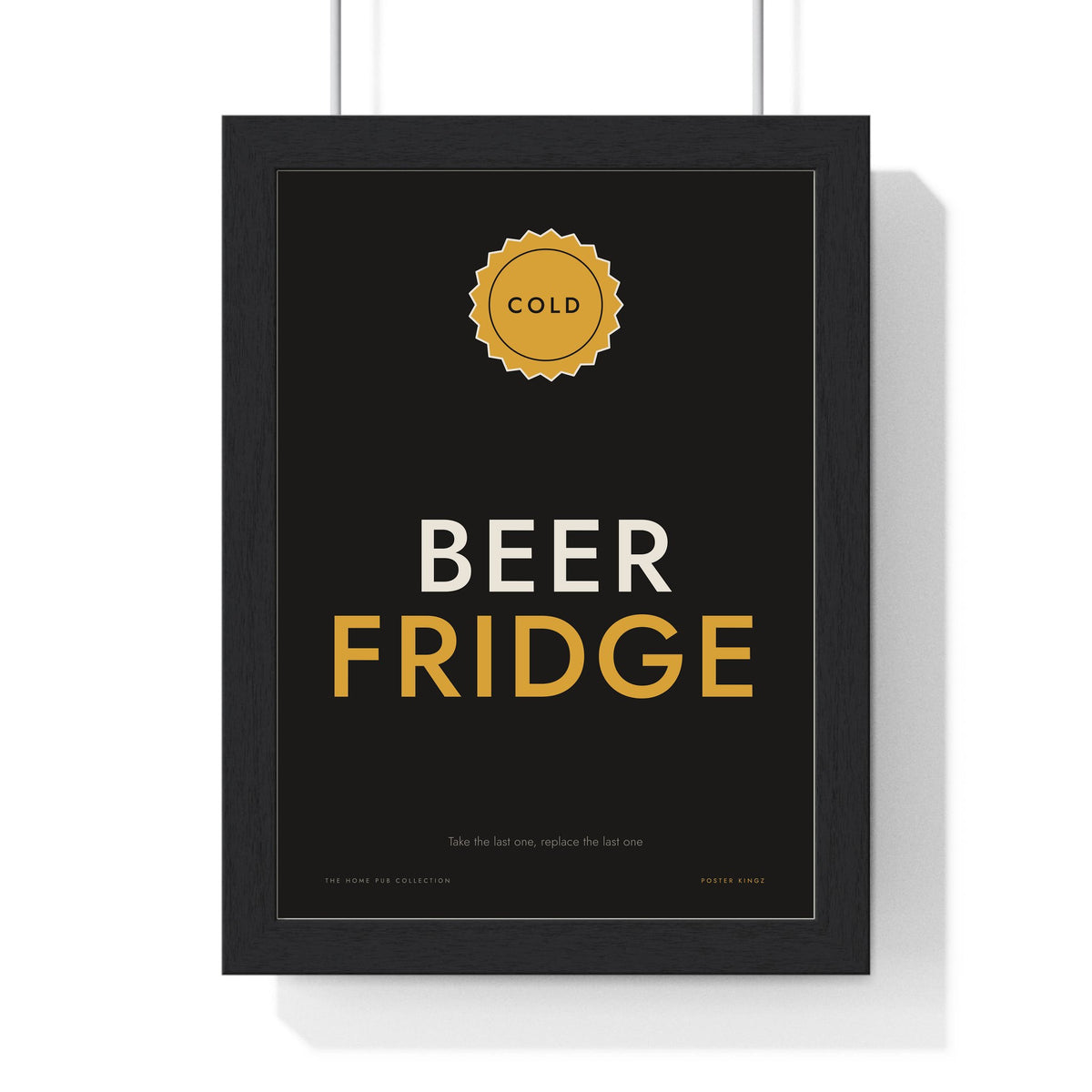 Beer Fridge Sign Print framed in a black frame, ready to hang