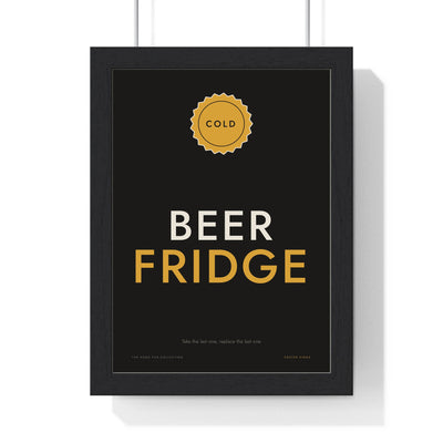 Beer Fridge Sign Print framed in a black frame, ready to hang