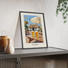 Beer Garden Painting Print framed and leaning on a sideboard