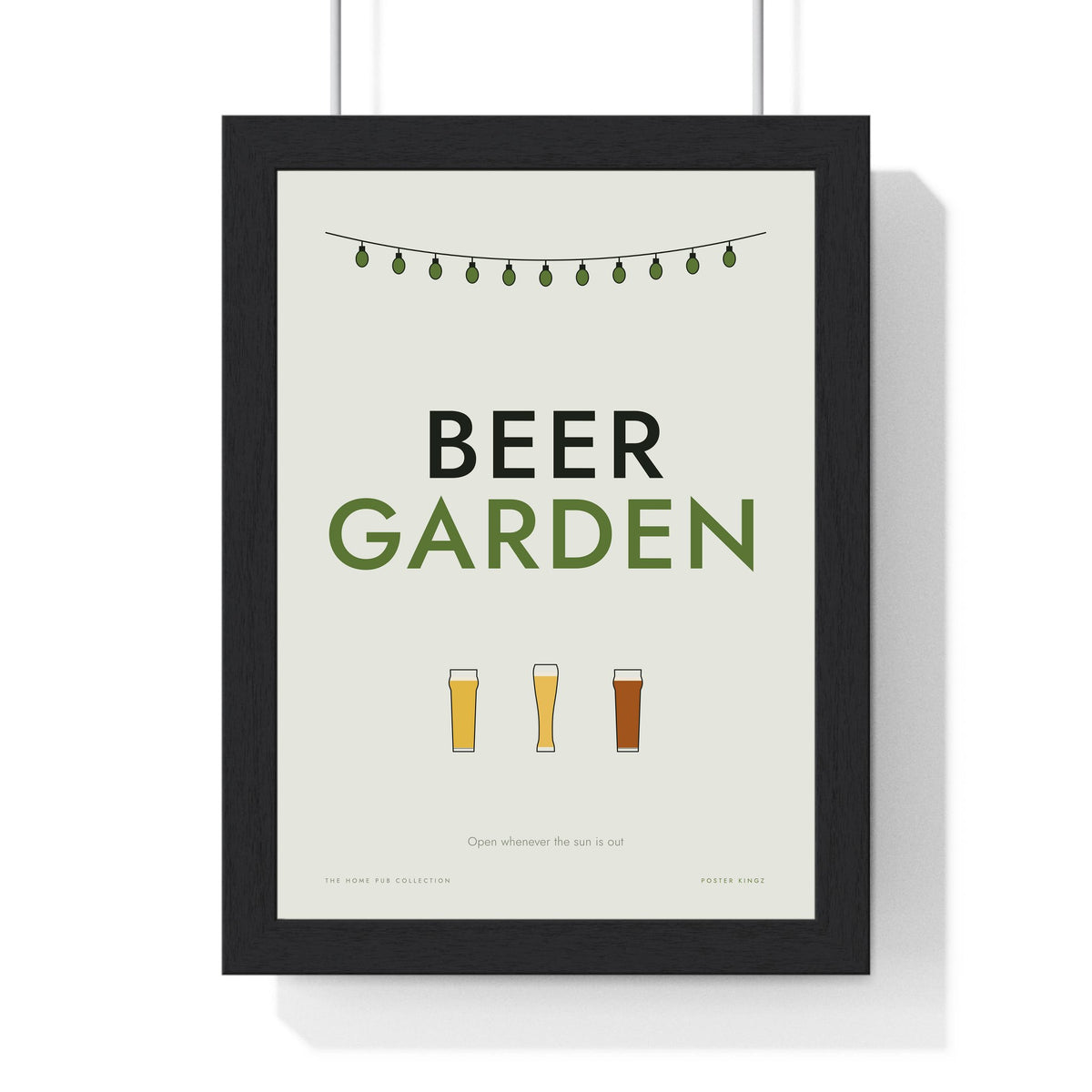 Beer Garden Sign Print framed in a black frame, ready to hang