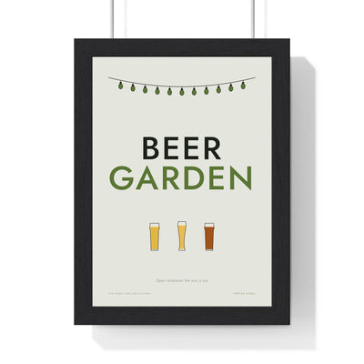 Beer Garden Sign Print framed in a black frame, ready to hang