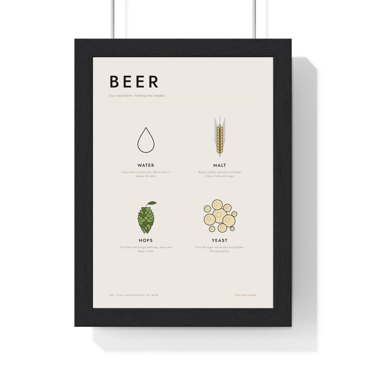 Four Ingredients Of Beer print framed in a black frame, ready to hang