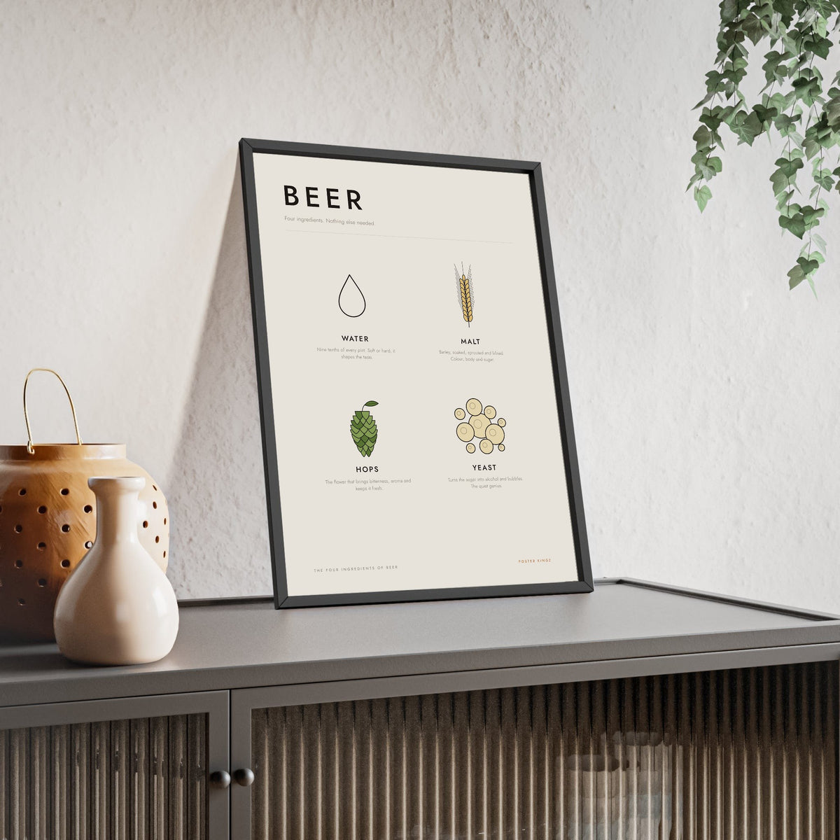 Four Ingredients Of Beer print framed and leaning on a sideboard