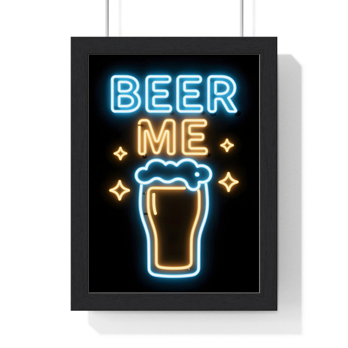 Beer Me Neon Print framed in a black frame, ready to hang