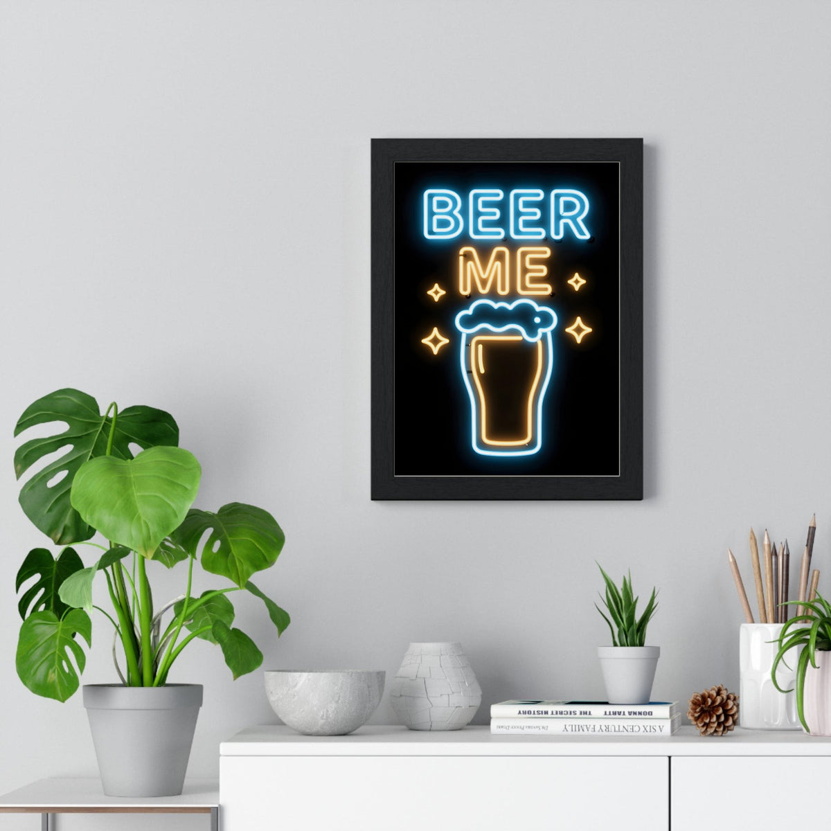 Beer Me Neon Print framed on a living room wall