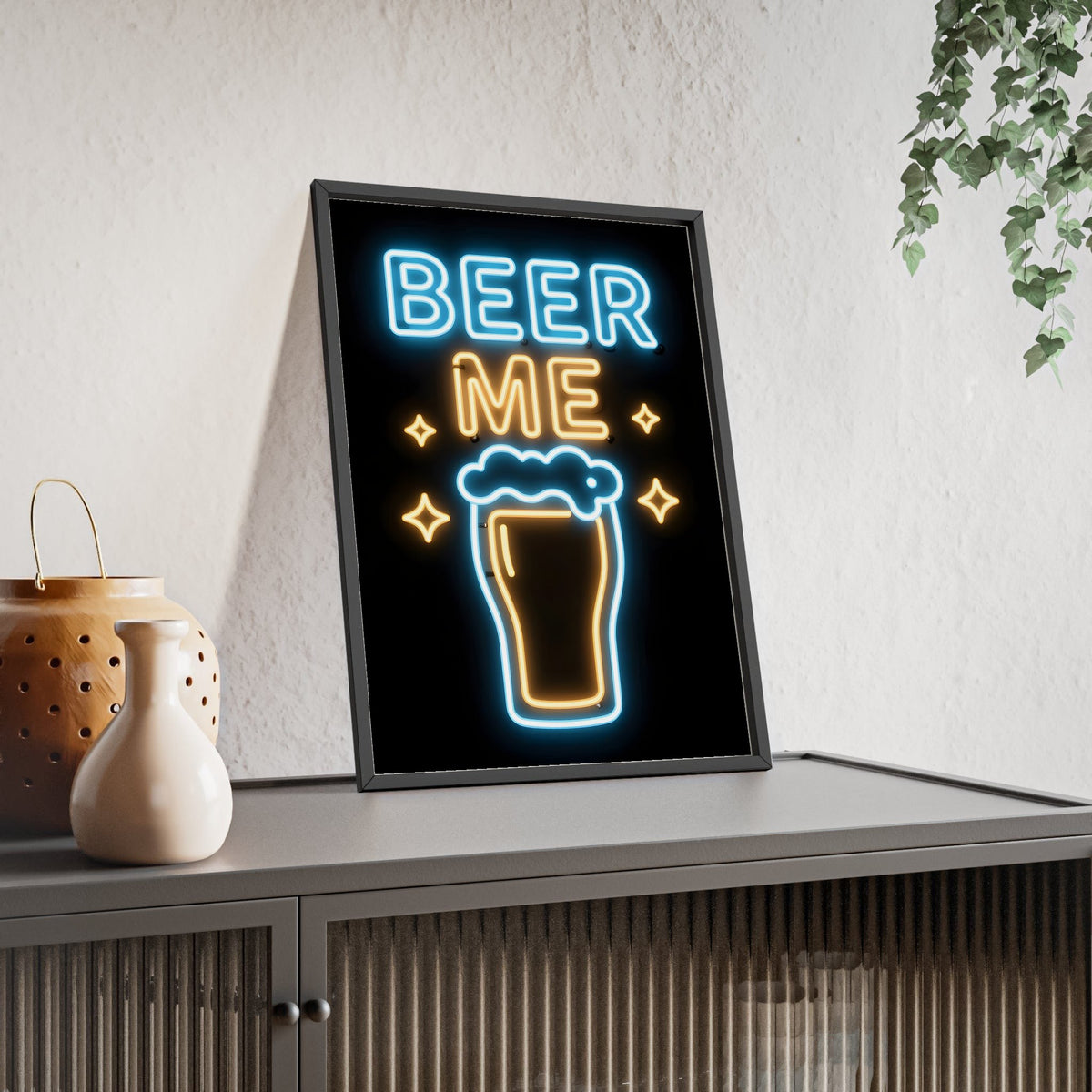 Beer Me Neon Print framed and leaning on a sideboard