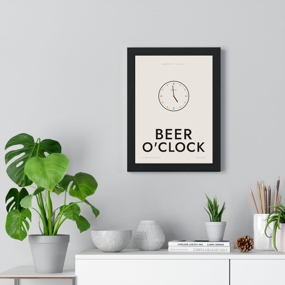 Beer O'Clock Print framed on a living room wall