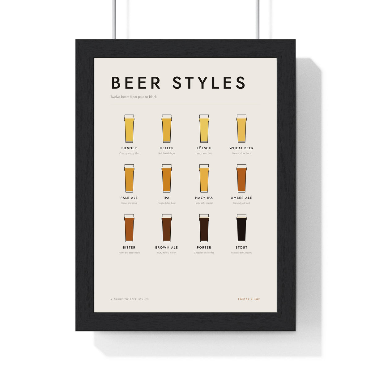 Beer Styles print framed in a black frame, ready to hang