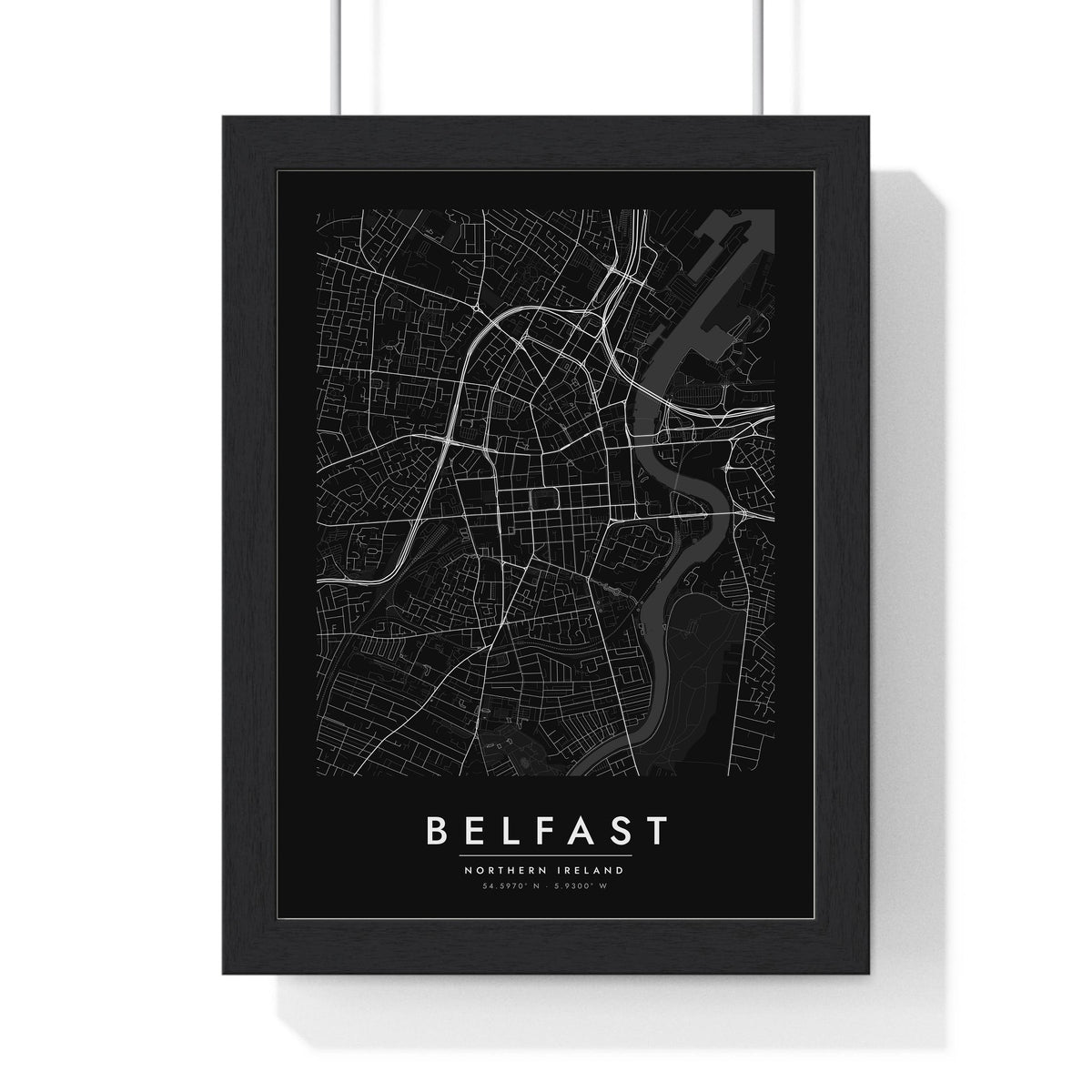 Belfast street map poster in black, minimal city map print framed in a black frame
