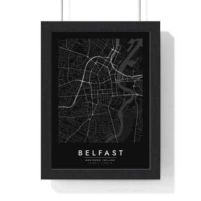 Belfast street map poster in black, minimal city map print framed in a black frame