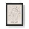Belfast street map poster in cream, minimal city map print framed in a black frame