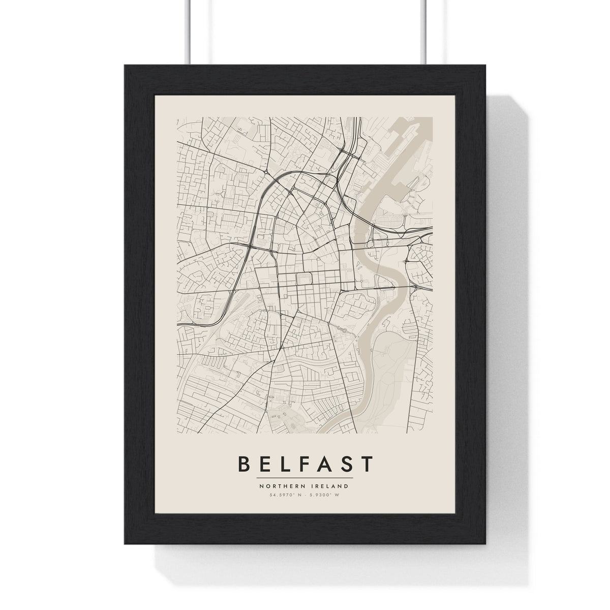 Belfast street map poster in cream, minimal city map print framed in a black frame