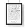 Belfast street map poster in white, minimal city map print framed in a black frame