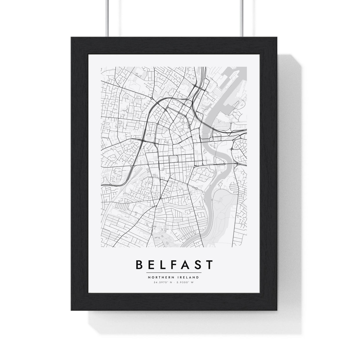 Belfast street map poster in white, minimal city map print framed in a black frame