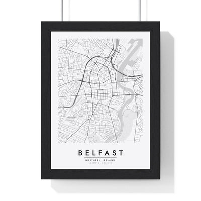 Belfast street map poster in white, minimal city map print framed in a black frame