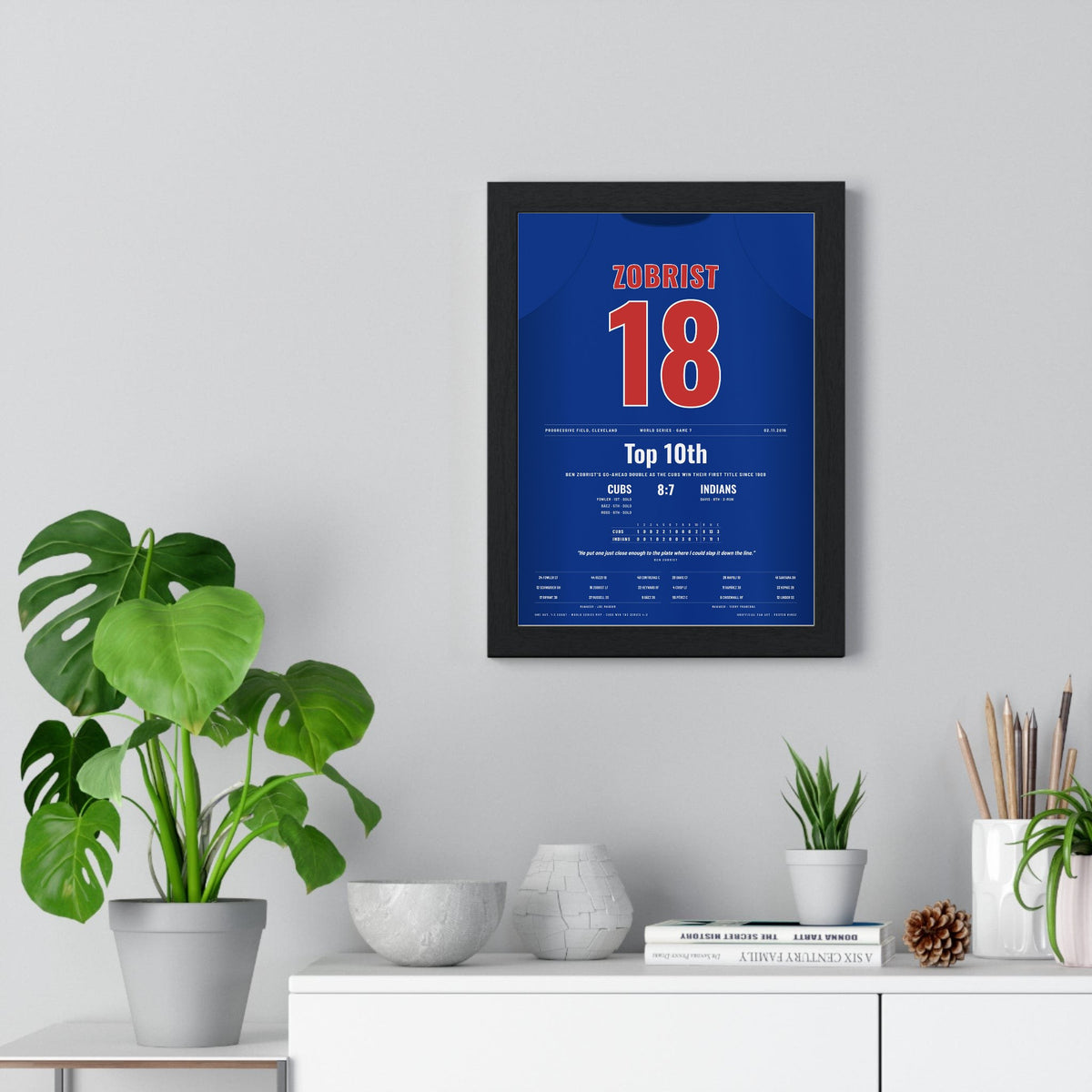 Ben Zobrist 2016 World Series Game 7 Winning Double Poster - Chicago Cubs 18 Jersey Print framed on a living room wall