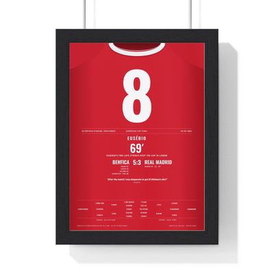 Benfica European Cup Final 1962 Poster - Eusébio 8 v Real Madrid Amsterdam Shirt Print framed in a black frame, ready to hang