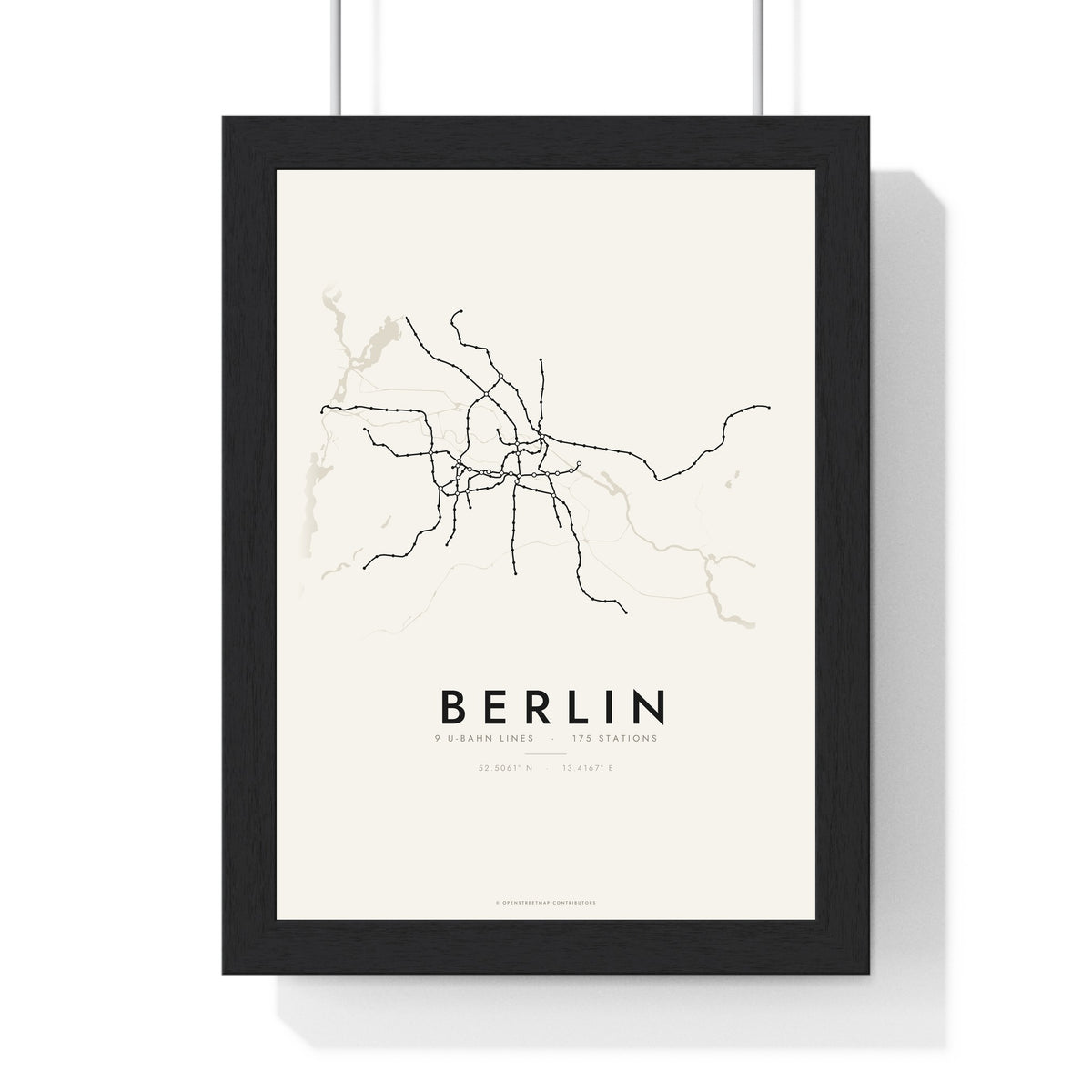 Berlin Metro Map Print - framed minimal Berlin metro lines map print, black lines on cream paper