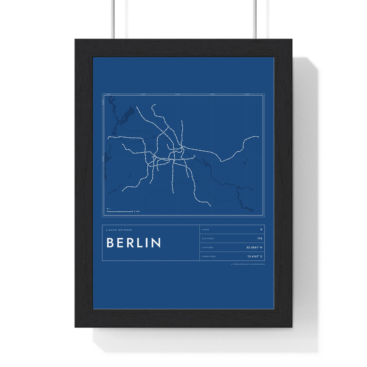 Berlin Metro Map Print - framed blueprint style Berlin metro map print with grid and scale bar
