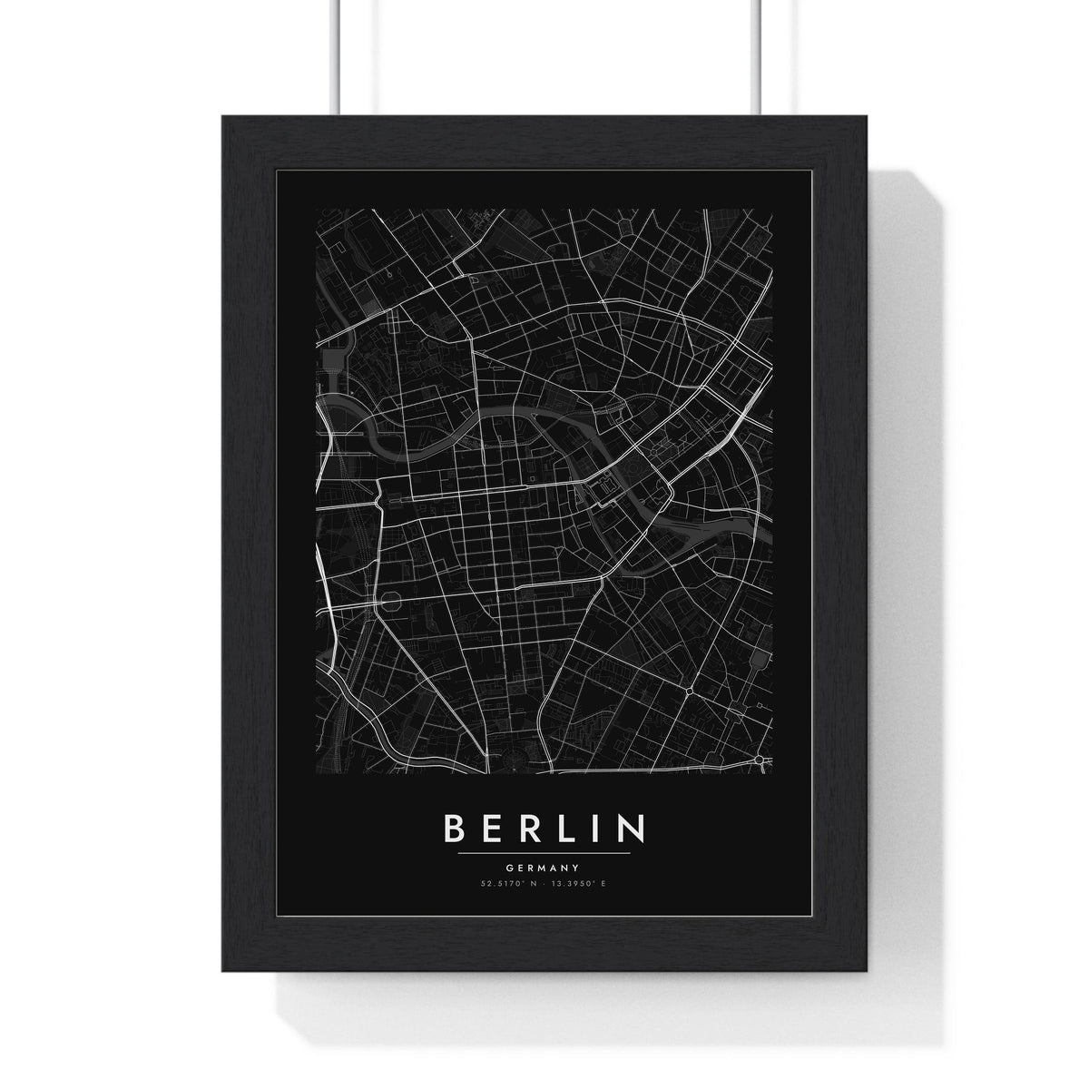 Berlin street map poster in black, minimal city map print framed in a black frame