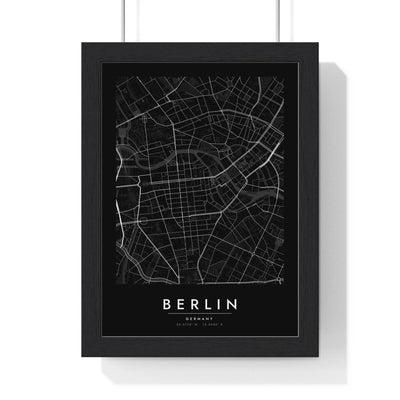 Berlin street map poster in black, minimal city map print framed in a black frame