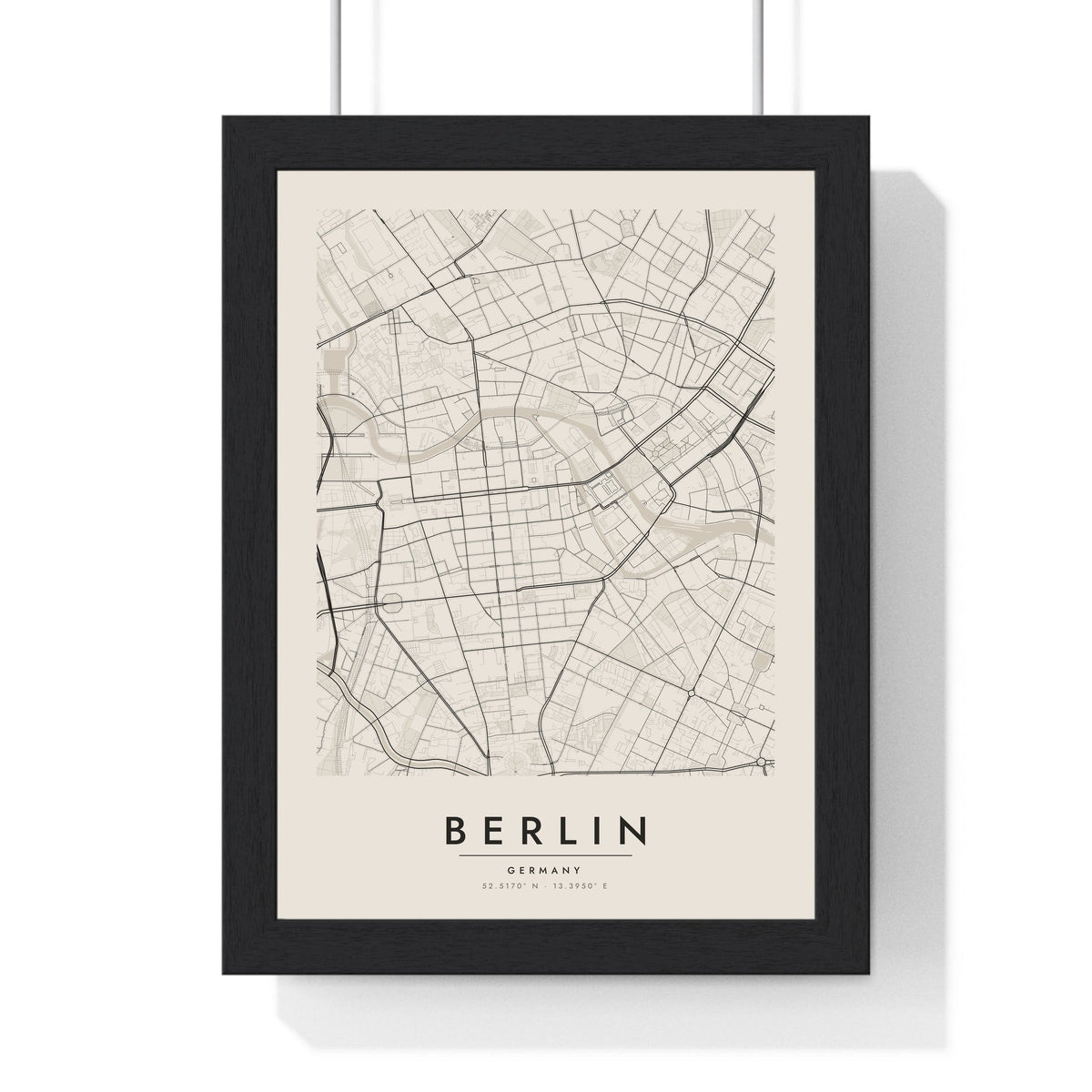 Berlin street map poster in cream, minimal city map print framed in a black frame