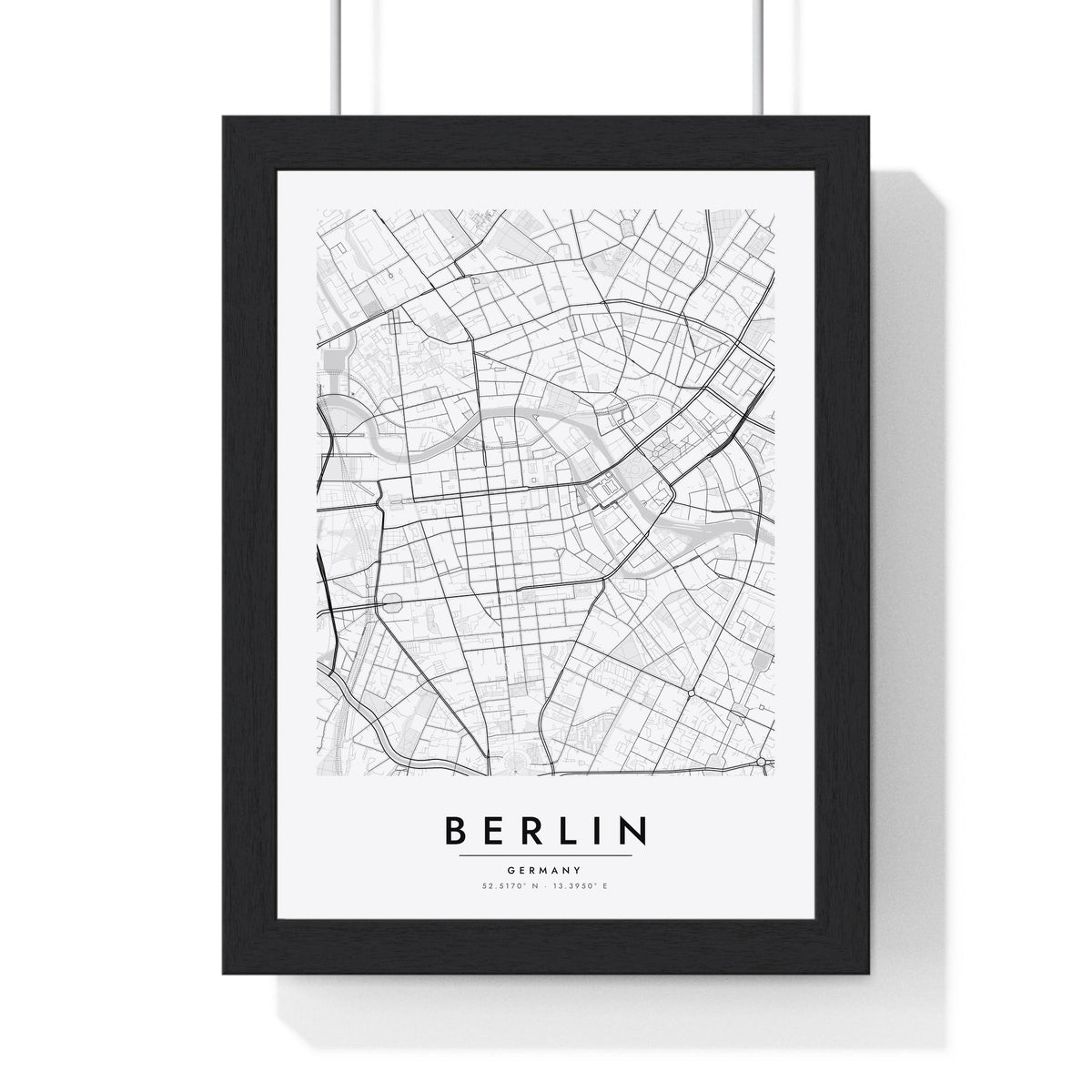 Berlin street map poster in white, minimal city map print framed in a black frame