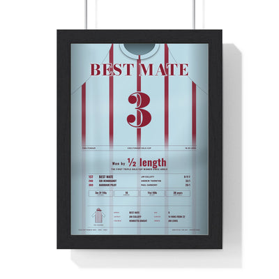 Best Mate Cheltenham Gold Cup 2004 Horse Racing Poster - Three Gold Cups Silks Print framed in a black frame, ready to hang