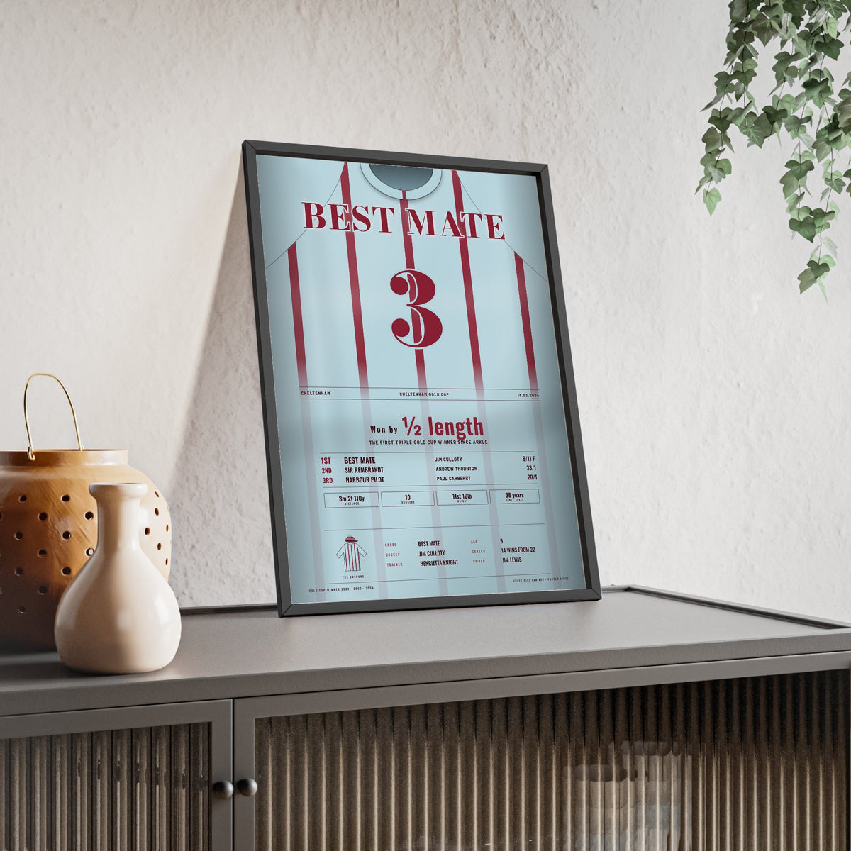 Best Mate Cheltenham Gold Cup 2004 Horse Racing Poster - Three Gold Cups Silks Print framed and leaning on a sideboard