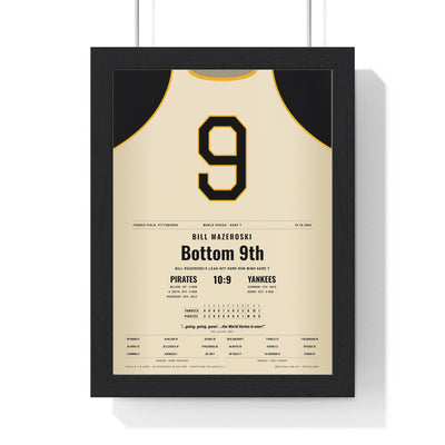 Bill Mazeroski 1960 World Series Game 7 Walk-Off Home Run Poster - Pittsburgh Pirates 9 Jersey Print framed in a black frame, ready to hang
