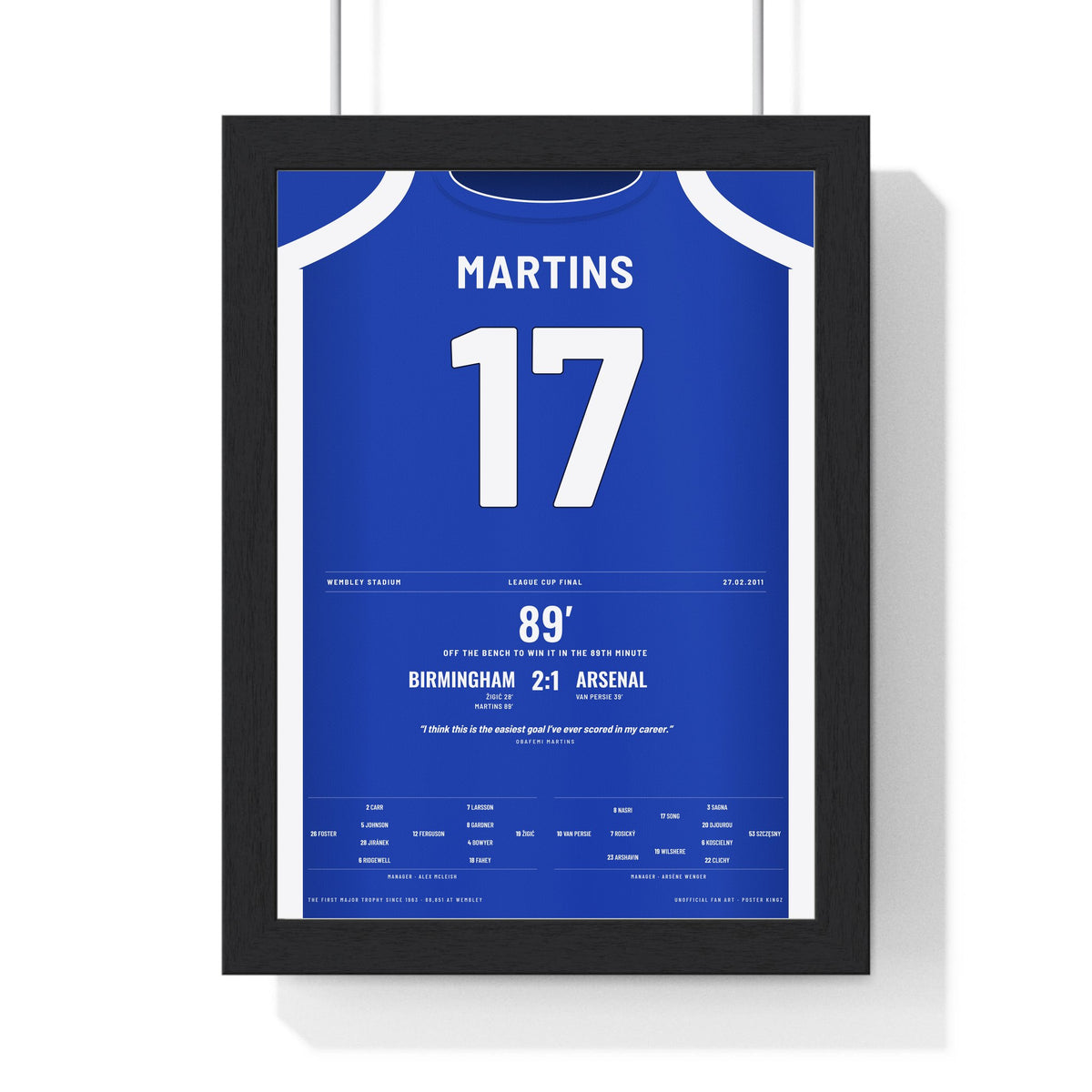 Birmingham City League Cup Final 2011 Poster - Obafemi Martins 17 Wembley Shirt Print framed in a black frame, ready to hang