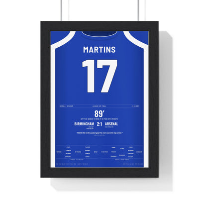 Birmingham City League Cup Final 2011 Poster - Obafemi Martins 17 Wembley Shirt Print framed in a black frame, ready to hang